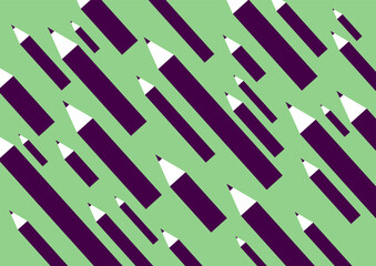 flying purple pencils on a light green background