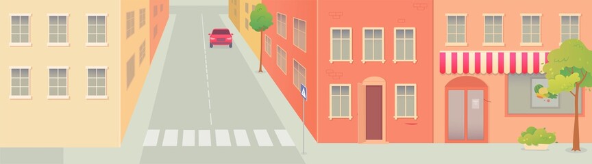 Urban cityscape background. Modern cartoon city view design vector illustration. Cozy windows and doors in buildings, road with car, path for pedestrians. Horizontal outdoor scene