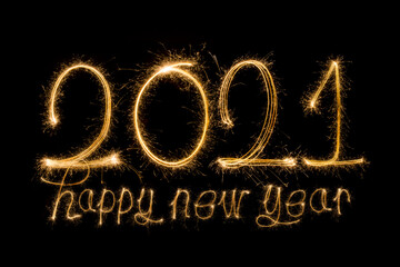 Happy New Year 2021. Sparkling burning text Happy New Year 2021 isolated on black background.