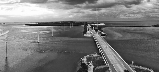 US 1 Road to the Keys Islands, aerial view from drone, slow motion.