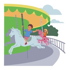 Obraz premium Children having fun ride at attraction park. Carnival fairground or funfair vector illustration. Kids on carousel sitting on horses. Happy boy and girl at amusement park on holiday or weekend