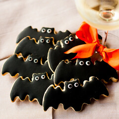 Bat Sugar Cookies with White Wine Glass with Orange Bow