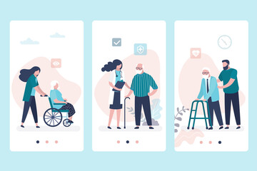 Geriatric care. Application pages template. Medical consultation. Woman doctor and old people.