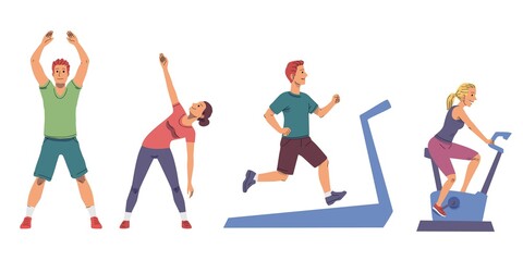 Fototapeta na wymiar People exercising at gym set. Healthy sport workout for health indoor vector illustration. Young men and women training and stretching, man running on treadmill, girl cycling