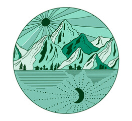 Hand drawn mountains with sun and moon. Line art landscape vector illustration in circle. Green, blue and teal art in doodling style.
