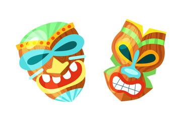 Hawaiian totem mask.Tiki god wood statues, wooden african sculpture. Polynesian African and mask Hawaiian mask cartoon vector