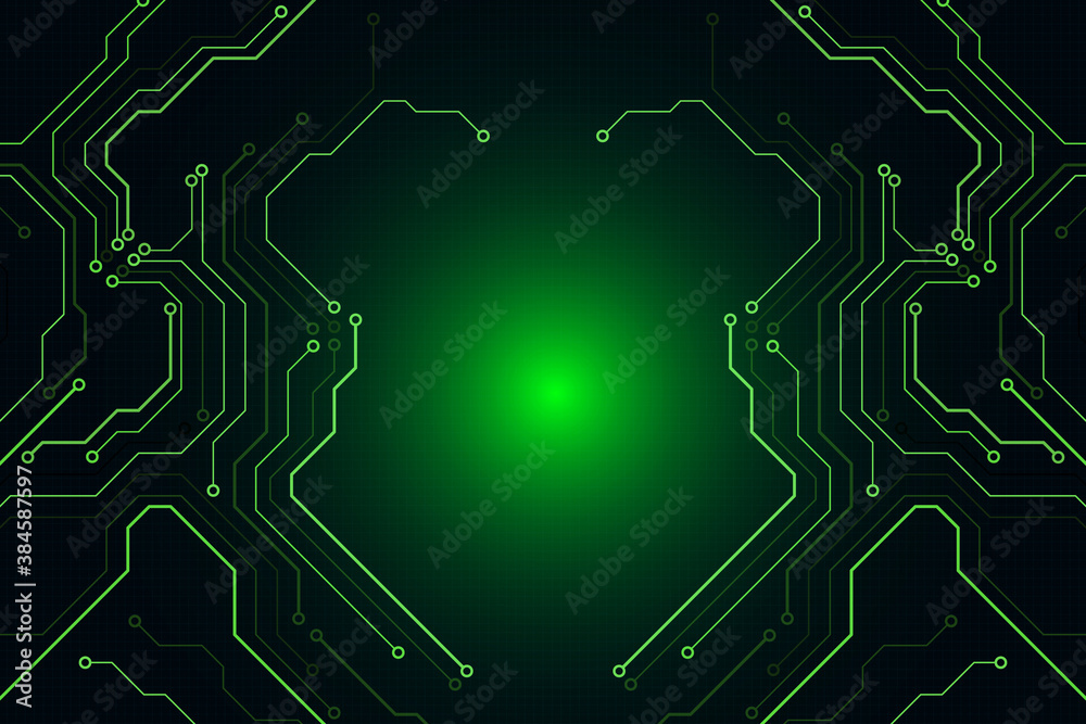 Aufkleber Circuit Board Sci fi Processing Futuristic Element Technology Background. Glow Green Abstract PCB Trace Data Transfer Design Vector.
