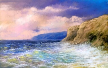 Paintings sea landscape, sunset over the ocean. Fine art.