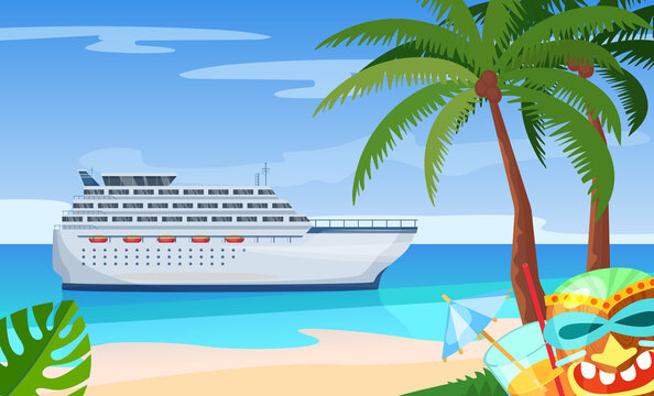Maritime ships at sea, cruise ship near tropical beach with palm. Water transportation tourism transport cartoon vector