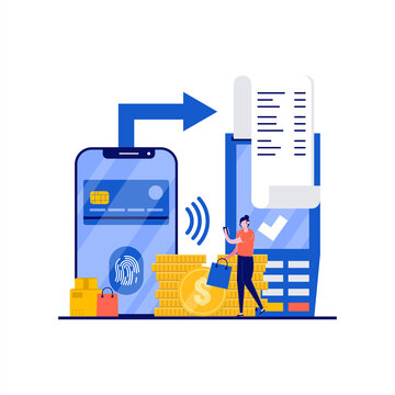 Fingerprint payment concept with character. Mobile contacless cards, fingerprint recognition biometric technology. Modern flat style for landing page, mobile app, web banner, hero images