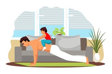 Obraz premium Man exercising at home. Healthy sport workout for health indoor vector illustration. Young man training, doing pushups with kid on back, father with boy doing gymnastics