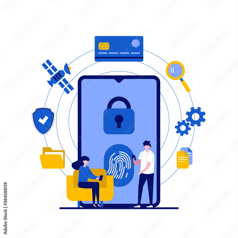 Poster data protection concept with character. fingerprint security, biometrics for secure authentication a