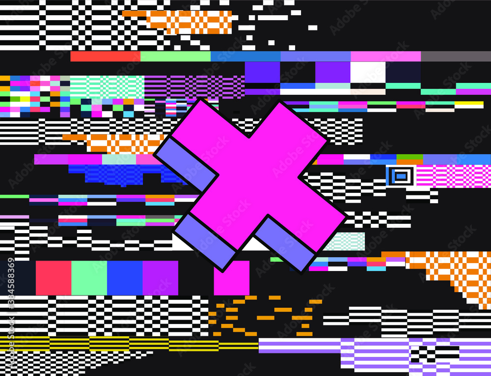 Poster Glitch datamoshing camera effect. Retro VHS background like in old video tape rewind or no signal TV screen. Vaporwave style vector illustration.