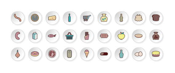 Gastronomy icon set for grocery store. Vector multicolored isolated illustration.