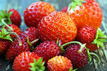 Berries of ripe strawberries on a wooden background. Macro photography. Focus on one of the berries, the rest are slightly blurred.
