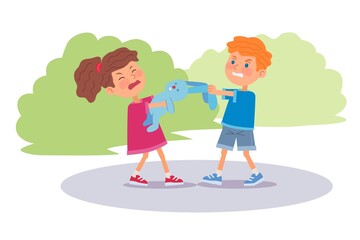 Bad kids arguing and pulling toy. Angry little boy and girl fighting over bunny toy in park outdoor or at playground. Manners and bad behavior vector illustration. Angry expressions