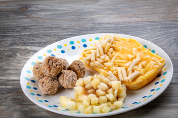 Macaroni and meatball children’s TV dinner in a frozen state