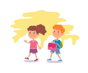 Cute schoolchildren go to school. Boy helping girl and carries her schoolbag. Good or bad kid behavior scene. Vector character illustration of friendship communication, positive emotion, childhood.