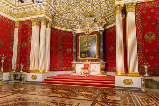 Tourists in the Peter the Great or Small Throne Room of State Hermitage Museum. Saint Petersburg. Russia