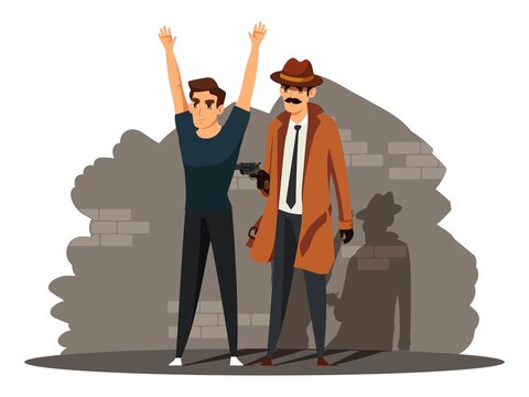 Spy catching killer or thief. Sleuth searching and finding man. Police detective work vector illustration. Inspector following and catching criminal, pointing gun, arms up