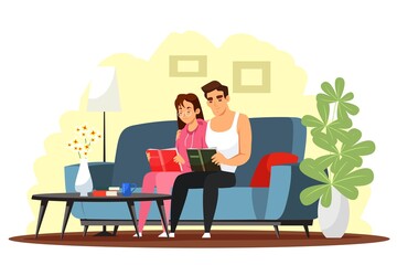 Happy couple reading book at home. Young family at house sitting on couch and reading together. Love and romance at house vector illustration. Modern interior design of living room