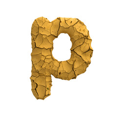 Soil clay letter P - Lowercase 3d cracked ground font - Suitable for Nature, dryness or global warming related subjects