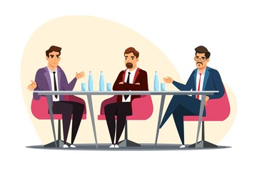 Business meeting brainstorming. Team of people working at office vector illustration. Corporate communication. Men sitting, negotiating, discussing, gesturing at workshop