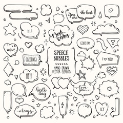 Think, talk speech bubbles with love messages, birthday congratulations, greetings. Hand drawn doodle style comic balloon, cloud, heart shaped design elements. Isolated vector set on white background.