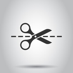 Scissor with cutting line icon in flat style. Cut equipment vector illustration on white isolated background. Cutter business concept.