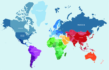 Colorful vector world map complete with all countries and capital cities names. Vector illustration.