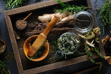 Alternative medicine, herbal treatment.Wood mortar, mint, linden, thyme, lavender on a dark...