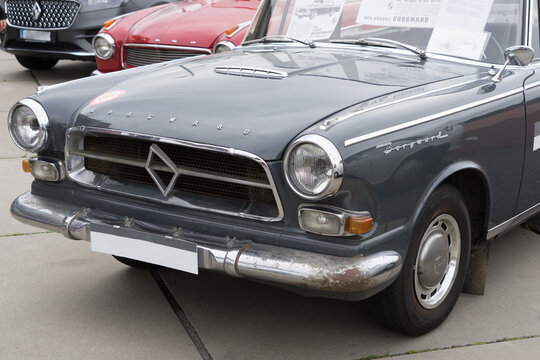 Bremen, Germany - August 17, 2019: front of an old gray BORGWARD car in an Oldtimer exhibition at the marina