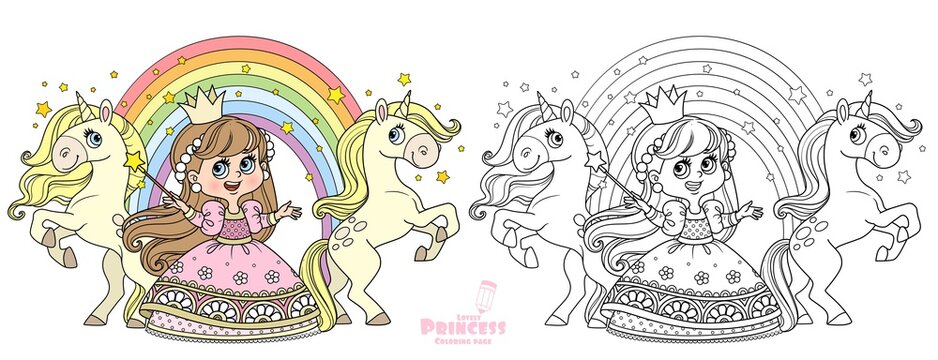 Cute princess in pink dress with unicorns and rainbow outlined and color for coloring book