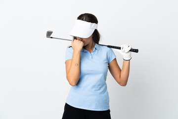 Fototapeta na wymiar Young golfer woman over isolated white background having doubts