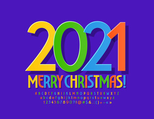Vector creative greeting card merry Christmas 2021! Modern colorful Font. Trendy bright Alphabet Letters and Numbers set