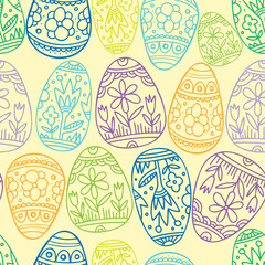 Vector seamless pattern of silhouette of ornamental lined easter eggs in pastel colors