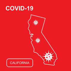 Map of California State labeled "COVID-19". White outline map on a red background. Vector illustration of a virus, coronavirus, epidemiology.