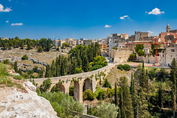 Fototapeta na wymiar Gravina in Puglia, Italy. The stone bridge, ancient aqueduct and viaduct. On the other side of the valley where the Gravina stream flows, the skyline of the city with its houses and palaces.
