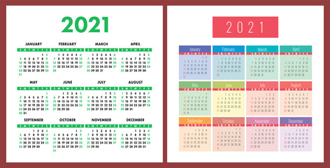 Calendar 2021 year set. Vector pocket or wall square calender design template collection. January, February, March, April, May, June, July, August, September, October, November, December