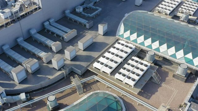 Ventilation and air conditioning systems installed on the rooftop. Aerial view