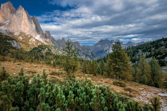 Mountain landscape from the Cadini di Misurina mountain group in the Dolomites, Italian alps.