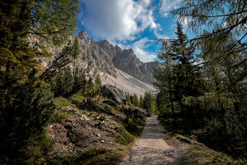 Hiking path in the mountain landscape of the Cadini di Misurina mountain group in the Dolomites, Italian alps.