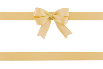 gold beige ribbon with bow and single ribbon isolated on white background, simple double tied bow for decoration and add beauty to gift box or greeting card, flat lay close up top view