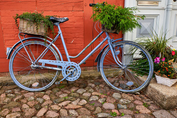 bike with decorative flower pot in front of a house