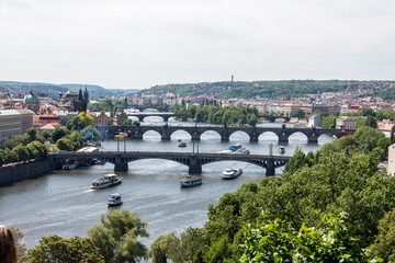 Prague panorama charles bridge river from mountain skyview
