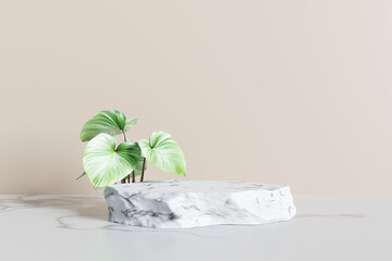 White marble product display podium with nature leaves on brown background. 3D render

