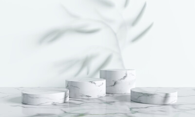 Marble product display podium with shadow nature leaves on white background. 3D render	