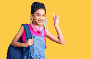 Cute african american girl holding student backpack using backpack surprised with an idea or question pointing finger with happy face, number one