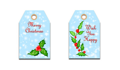Set of cristmas badges and holiday tag, icon. Christmas badges with twig and holly berries. Merry christmas colorful label