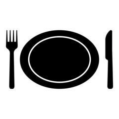 Plate, fork and knife icon vector in flat style. Food symbol isolated on blank background.